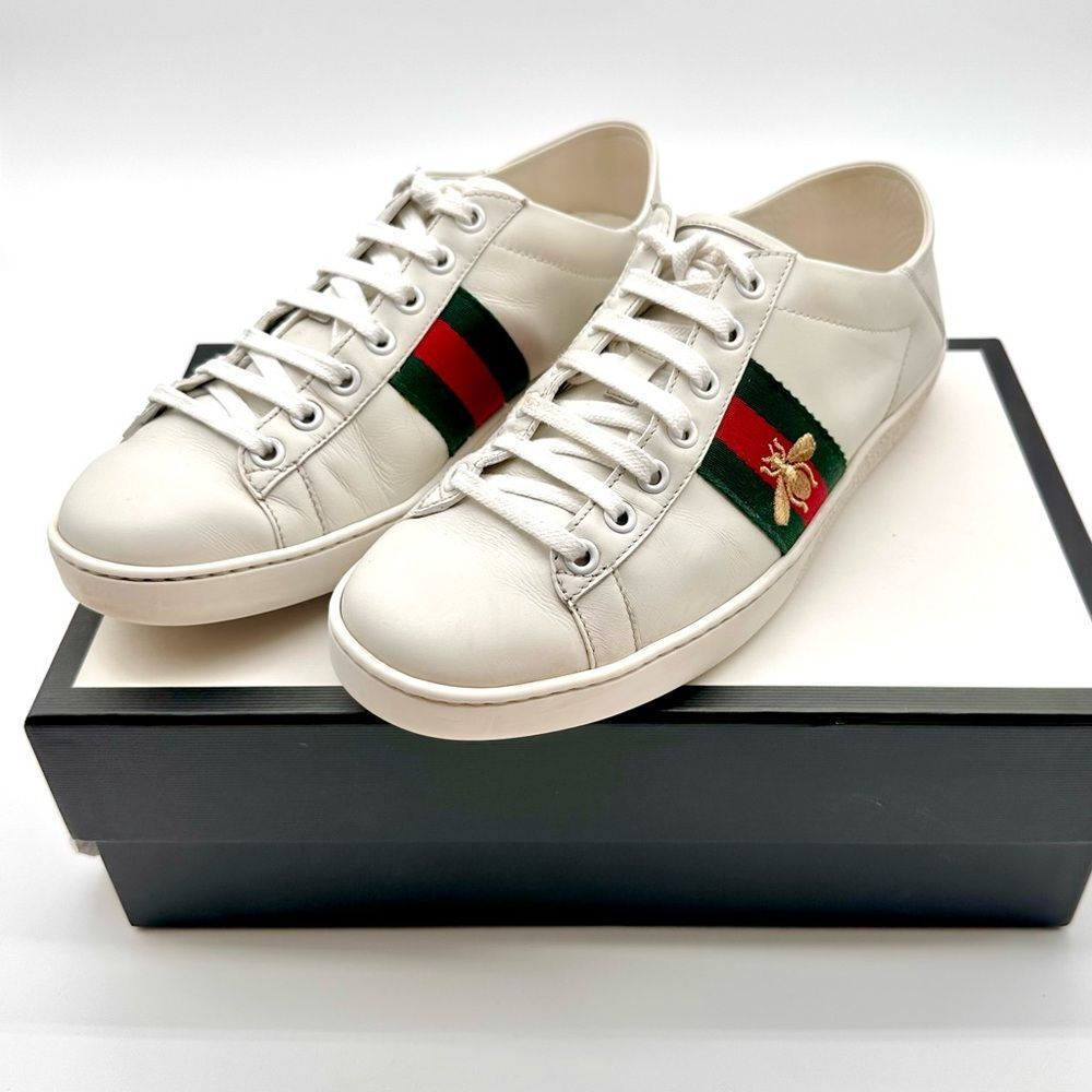 Gucci Ace Sneakers Bee Embroidered White Leather Collapsible Heel EU 38 US 8